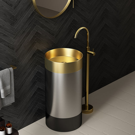 Premium SUS304 Stainless Steel Round Pedestal Bathroom Sink - Modern Freestanding Design