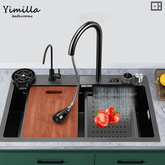 Nano-black stainless steel handmade kitchen sink- digital display kitchen faucet