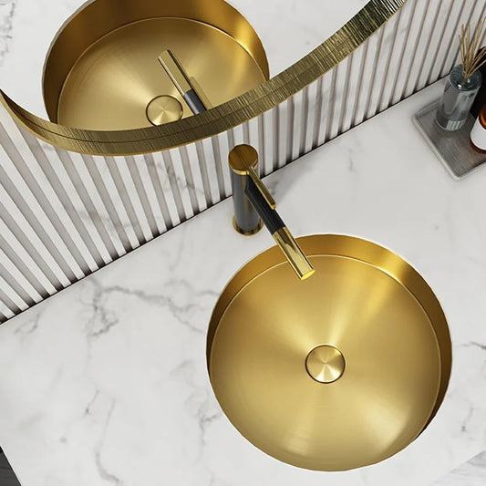 Brushed Gold Round Undermount Bathroom Sink - Modern Luxury Stainless Steel Basin