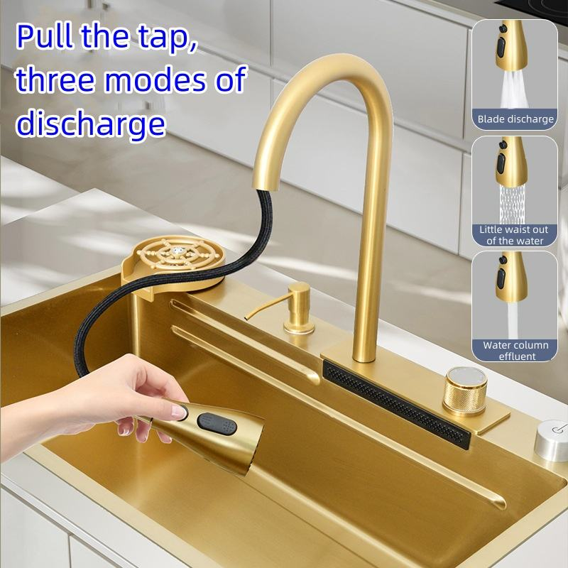 China Manufactured Stainless steel Brushed Gold Kitchen Sink With Waterfall Faucet
