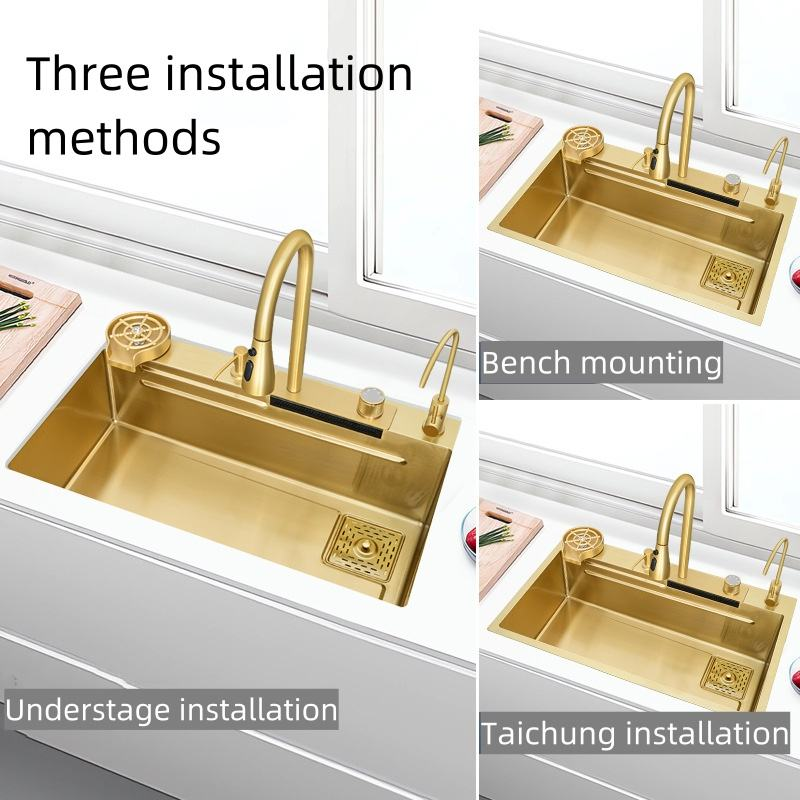 China Manufactured Stainless steel Brushed Gold Kitchen Sink With Waterfall Faucet