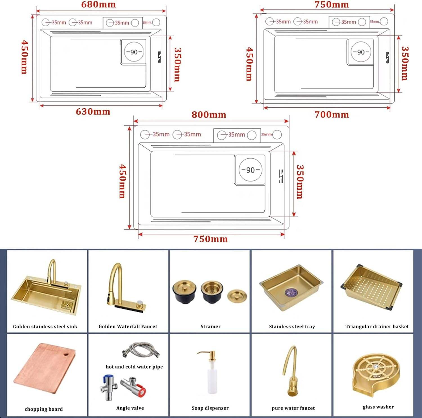 China Manufactured Stainless steel Brushed Gold Kitchen Sink With Waterfall Faucet