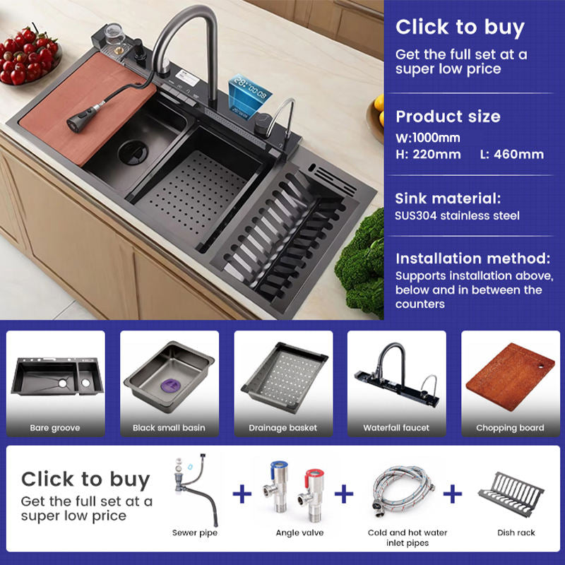 LED Waterfall Kitchen Sink with Drying Rack-Large size 304 Stainless Steel sink