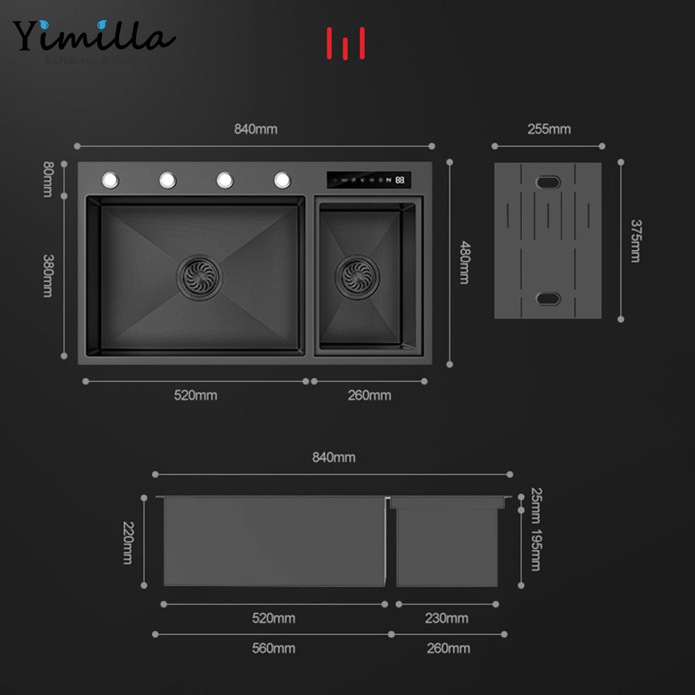 Luxury Smart Double Bowl Kitchen Sink - Black Stainless Steel with Water Purification System
