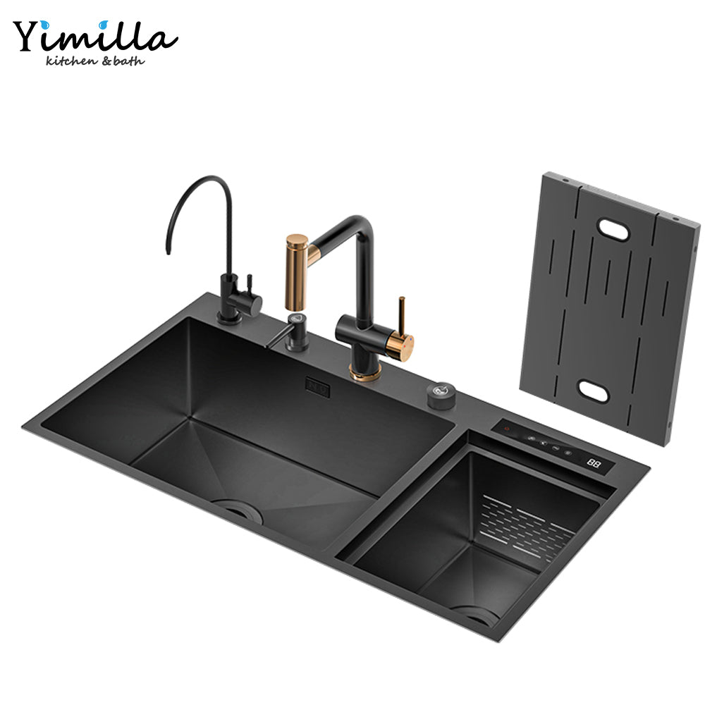 Luxury Smart Double Bowl Kitchen Sink - Black Stainless Steel with Water Purification System