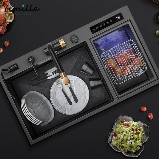 Luxury Smart Double Bowl Kitchen Sink - Black Stainless Steel with Water Purification System
