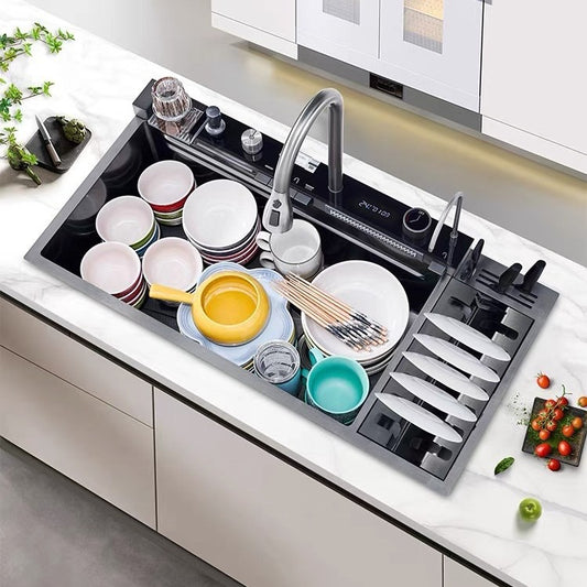 LED Waterfall Kitchen Sink with Drying Rack-Large size 304 Stainless Steel sink