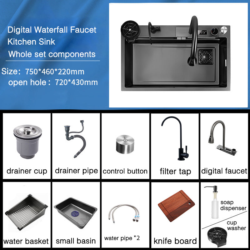 Nano-black stainless steel handmade kitchen sink- digital display kitchen faucet