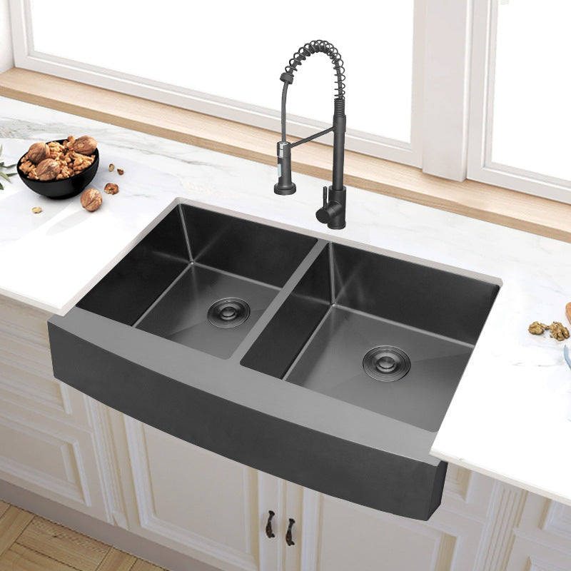 Farmhouse Kitchen Workstation Apron Front Sink - Black Stainless Steel Double Bowl with Accessories