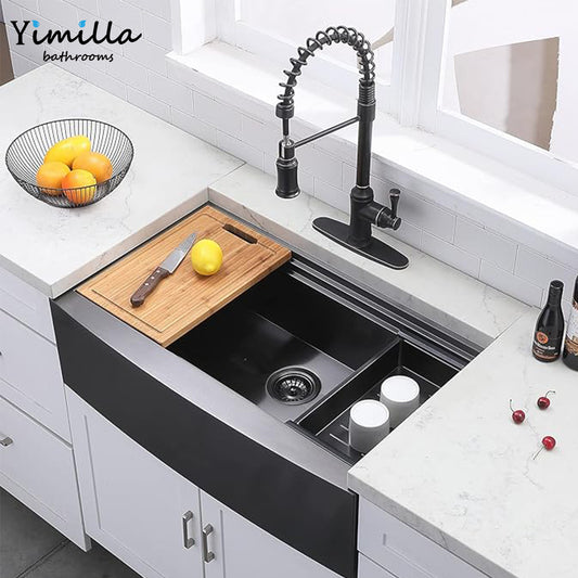 Black Farmhouse Kitchen Sink - 304 Stainless Steel Apron Front Sink