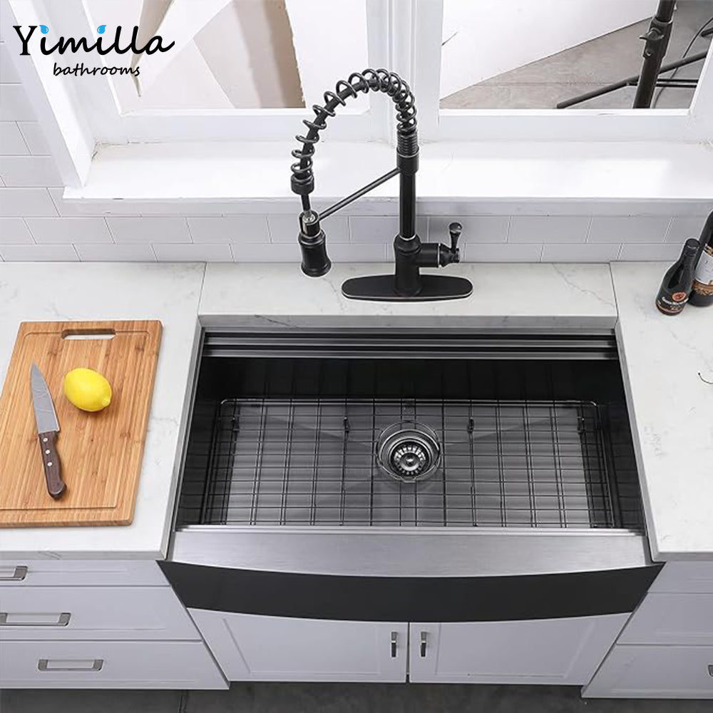 Black Farmhouse Kitchen Sink - 304 Stainless Steel Apron Front Sink