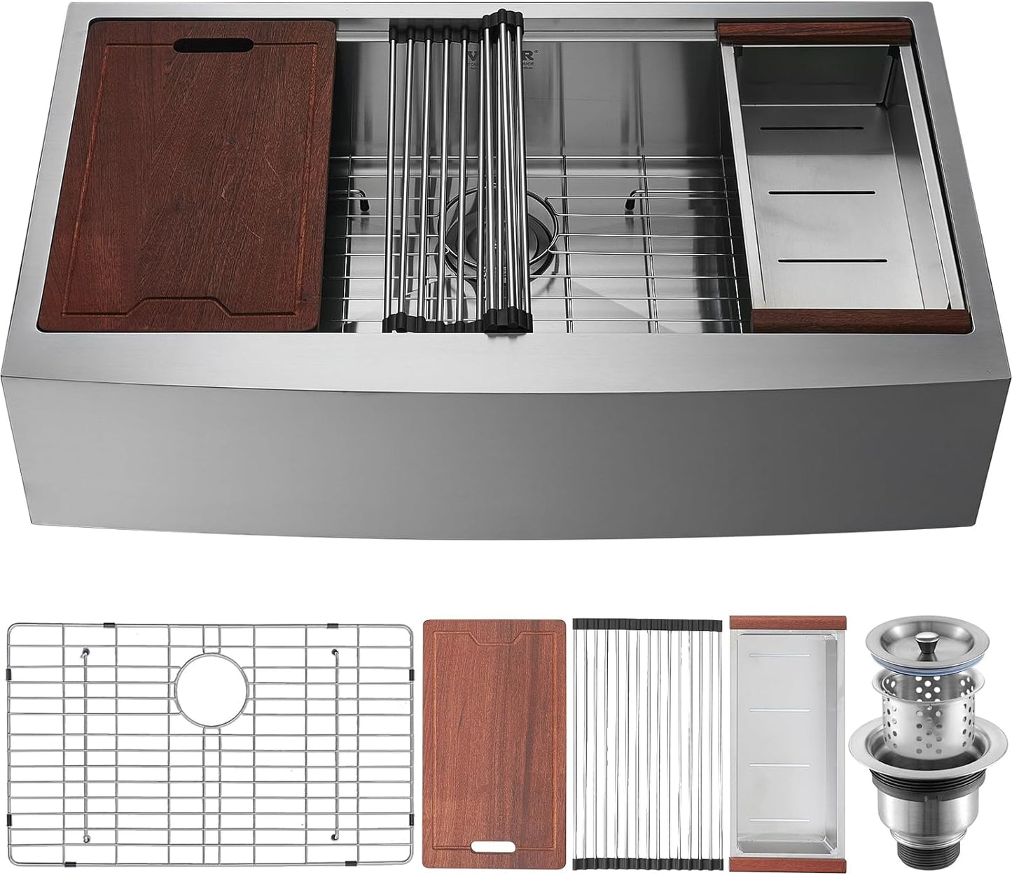 33" Farmhouse Kitchen Sink with Ledge & Accessories - 304 Stainless Steel Top Mount