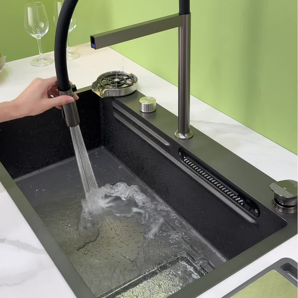 Dual Waterfall Faucet Workstation Sink - Modern Stainless Steel Single Bowl with Embossed Volcano Design