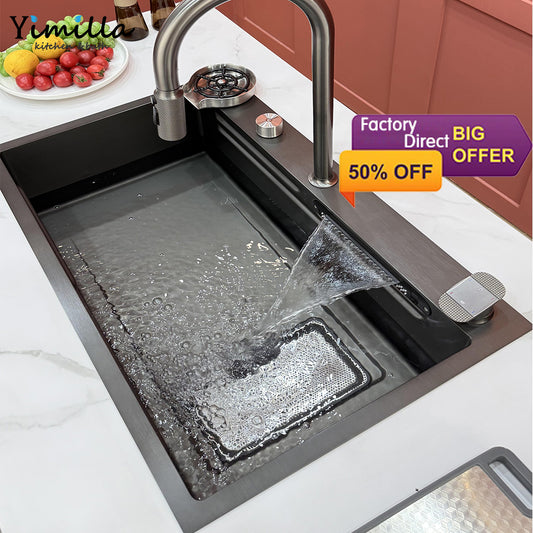 Dual Waterfall Faucet Workstation Sink - Modern Stainless Steel Single Bowl with Embossed Volcano Design