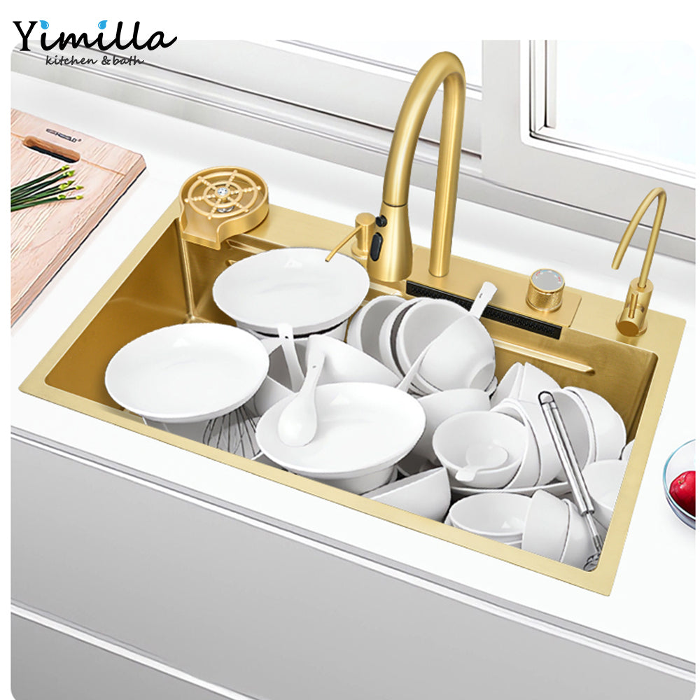 China Manufactured Stainless steel Brushed Gold Kitchen Sink With Waterfall Faucet