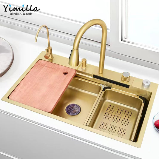 China Manufactured Stainless steel Brushed Gold Kitchen Sink With Waterfall Faucet