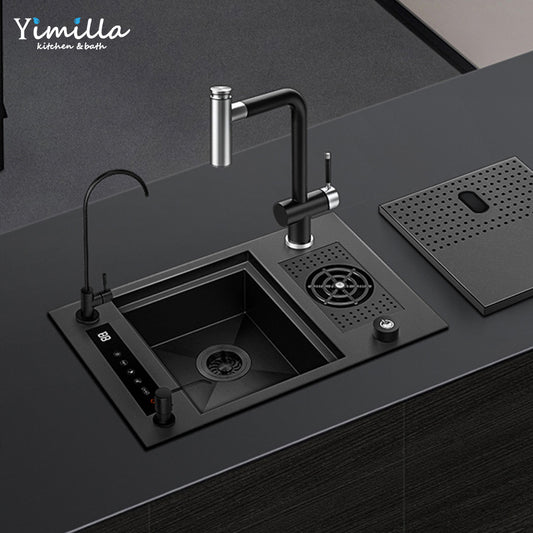 Smart Coffee Bar Sink - Handmade Single Bowl Black Kitchen Sink with Cover
