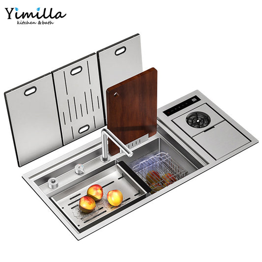 Smart Double Bowl Kitchen Sink - Stainless Steel with Cleaning System & Garbage Disposal