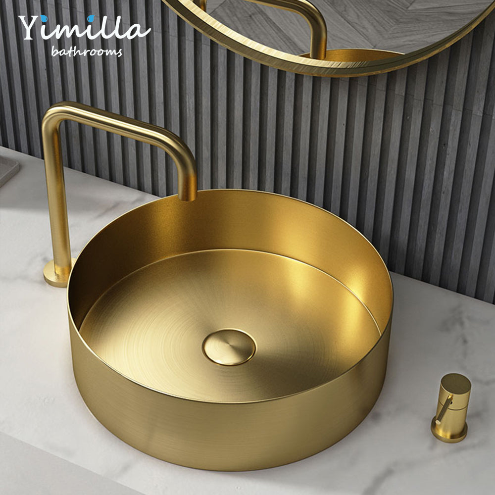 14.8" Round Bathroom Vessel Sink, Stainless Steel Vessel Sink with Pop-Up Drain Stopper