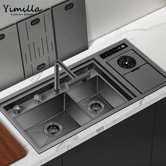 Smart Black Stainless Steel Kitchen Sink - Double Bowl with Water Purification System