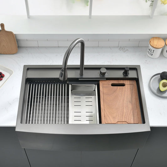 33" x 22" Black Stainless Steel Drop-In Kitchen Sink with Waterfall Faucet - 16 Gauge