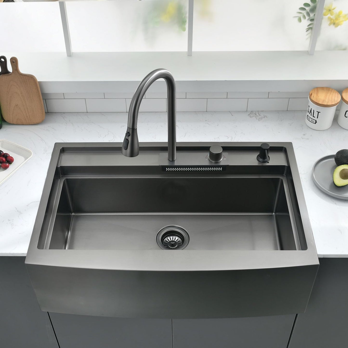 33" x 22" Black Stainless Steel Drop-In Kitchen Sink with Waterfall Faucet - 16 Gauge