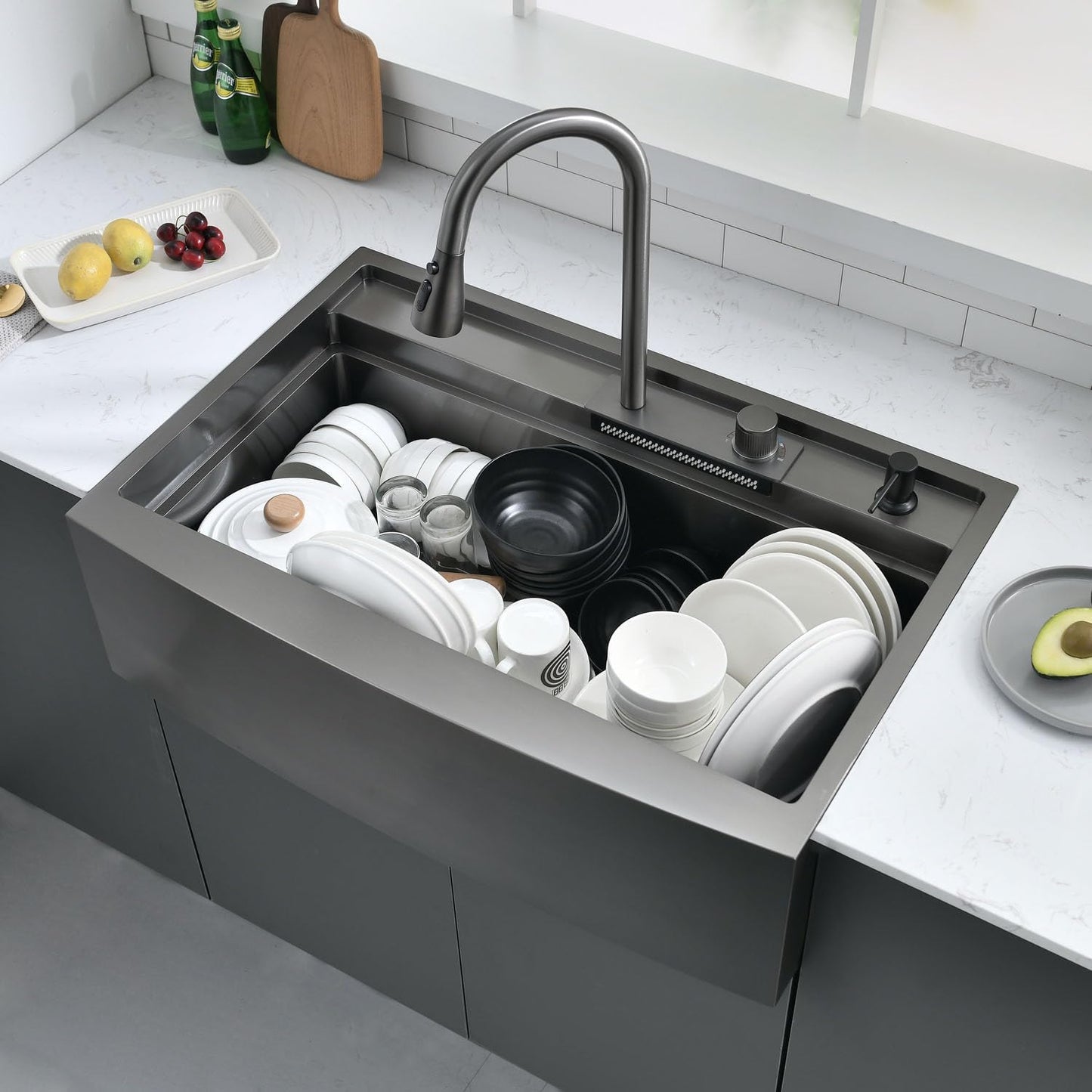 33" x 22" Black Stainless Steel Drop-In Kitchen Sink with Waterfall Faucet - 16 Gauge