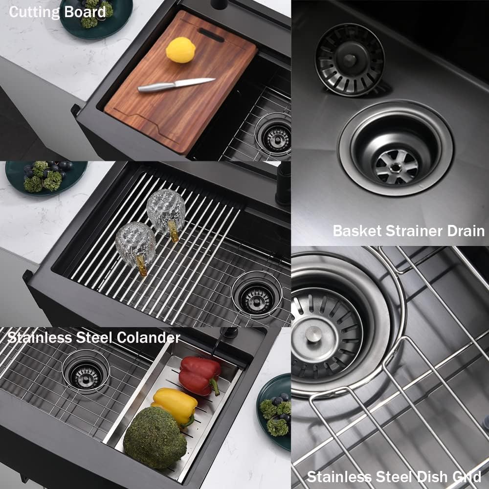 33" x 22" Black Stainless Steel Drop-In Kitchen Sink with Waterfall Faucet - 16 Gauge