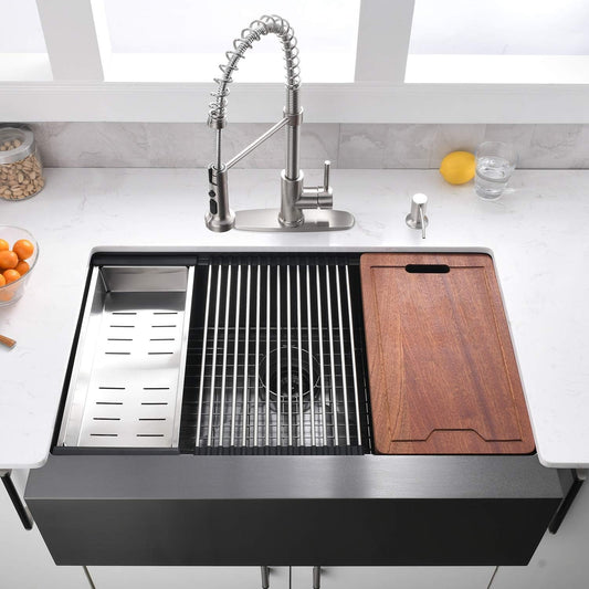 33" Farmhouse Apron Front Workstation Kitchen Sink - 16 Gauge Stainless Steel