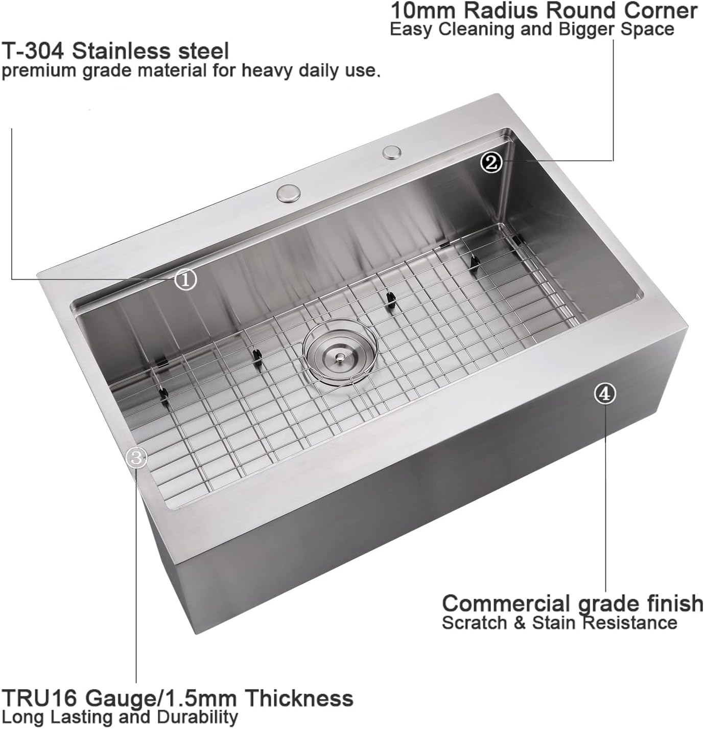 33" Apron Front Farmhouse Kitchen Sink - 16 Gauge Stainless Steel Undermount