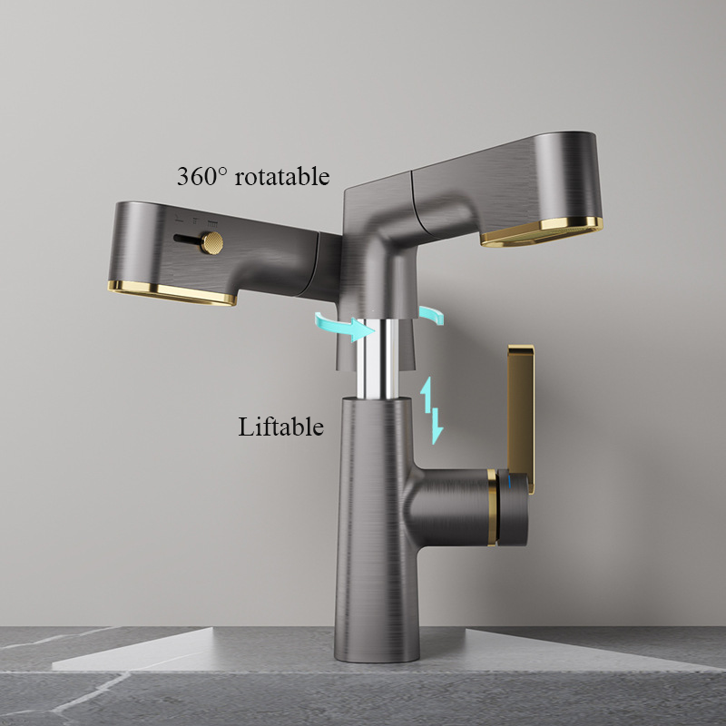 Pull-Out Bathroom Faucet with Rotating Spout - 3-Mode Sprayer Single Handle Vanity Tap