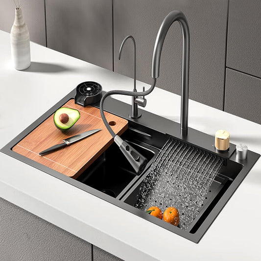 Multifunctional Topmount Kitchen Sink with Waterfall Faucet Cup Washer