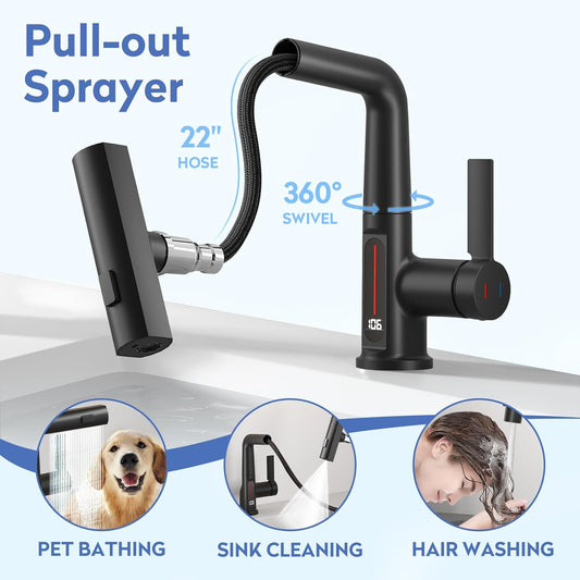 Smart LED Bathroom Faucet with Temperature Display - 360° Swivel Pull-Out Sprayer Sink Tap