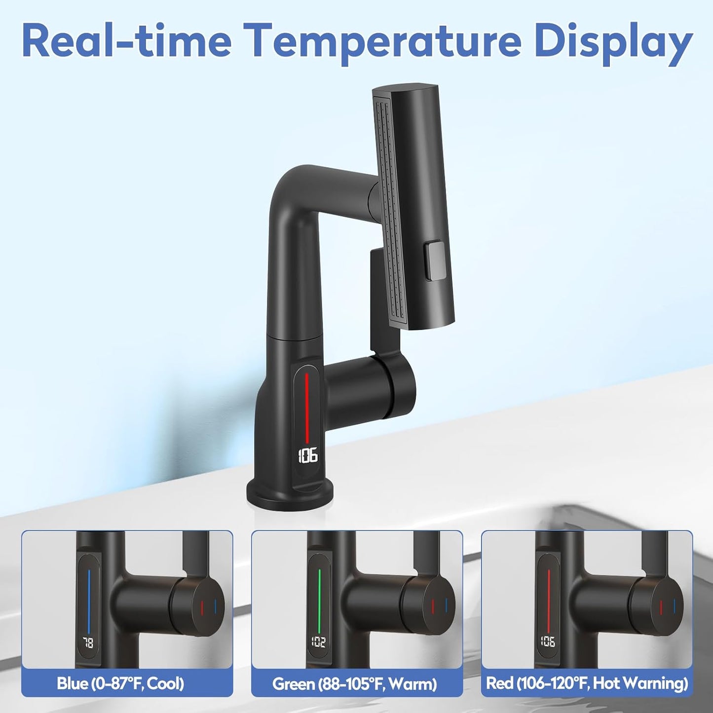 Smart LED Bathroom Faucet with Temperature Display - 360° Swivel Pull-Out Sprayer Sink Tap