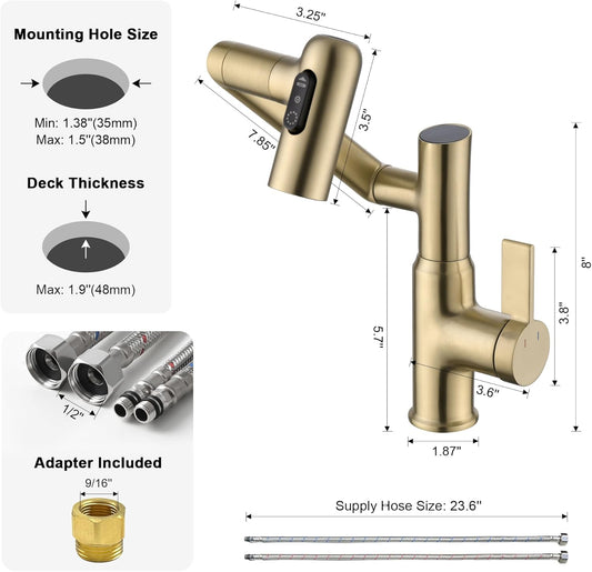 Smart Bathroom Faucet with Temperature Display - Battery-Free Rotatable Tap with 3 Water Modes