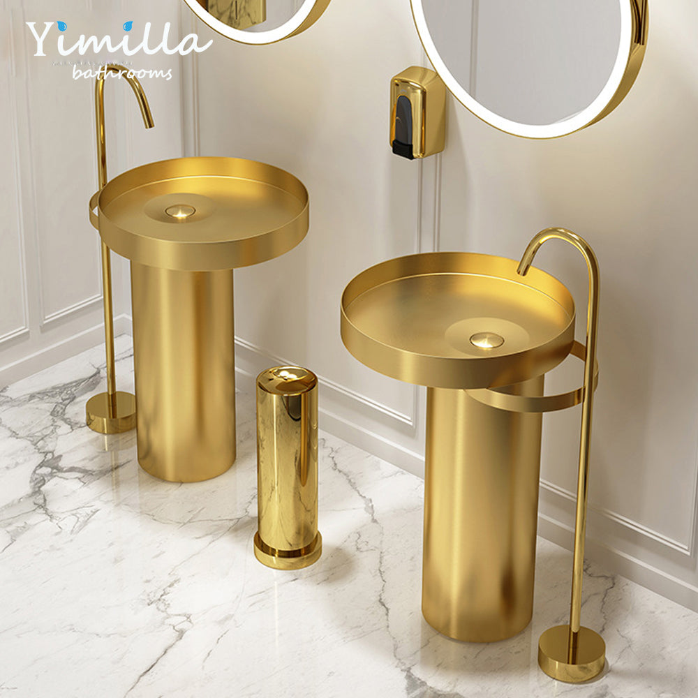 Floor Standing Stainless Steel Pedestal Bathroom Sink with Complete Drain Kit