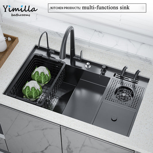 Smart Black Kitchen Sink with Built-in Dishwasher - 304 Stainless Steel