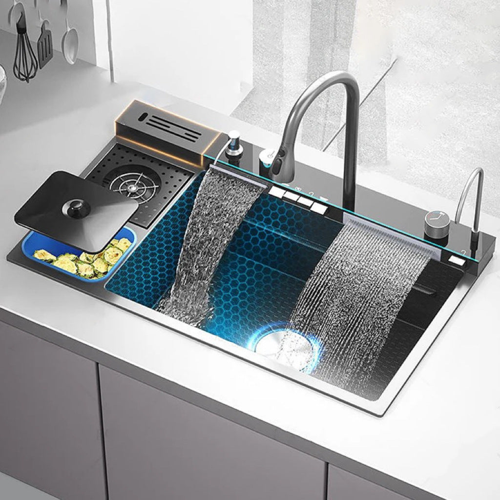 Smart Waterfall Kitchen Sink, Stainless Steel Kitchen Sinks Workstation with Digital Display Pull-Out Faucet