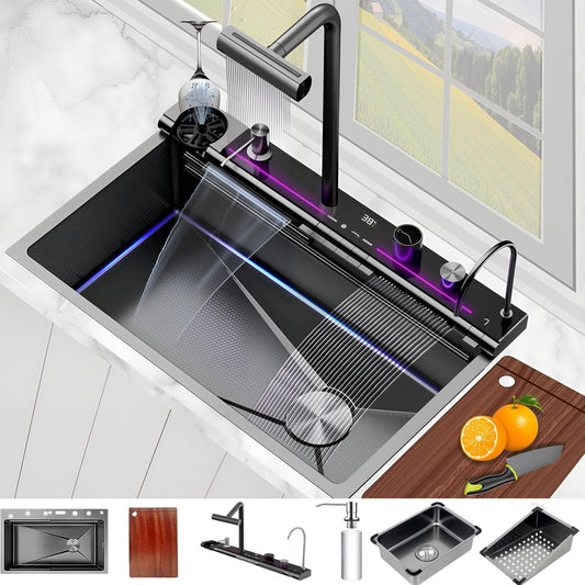 Smart Waterfall Kitchen Sink - Stainless Steel Drop-In Single Bowl with Advanced Flow Technology