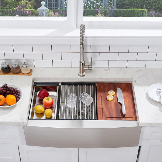 33" Farmhouse Kitchen Sink with Ledge & Accessories - 304 Stainless Steel Top Mount