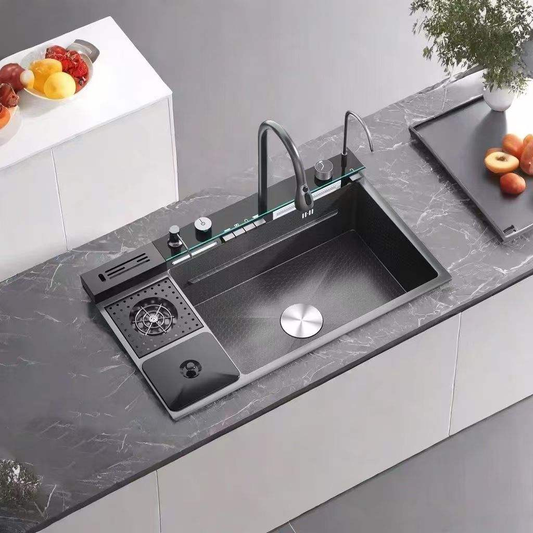 Smart Waterfall Kitchen Sink Workstation with Digital Display & Pull-Out Faucet