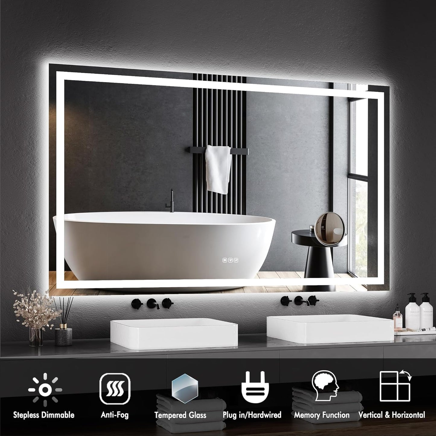 Smart LED Bathroom Mirror - Dimmable Anti-Fog Backlit Vanity Mirror with Touch Control