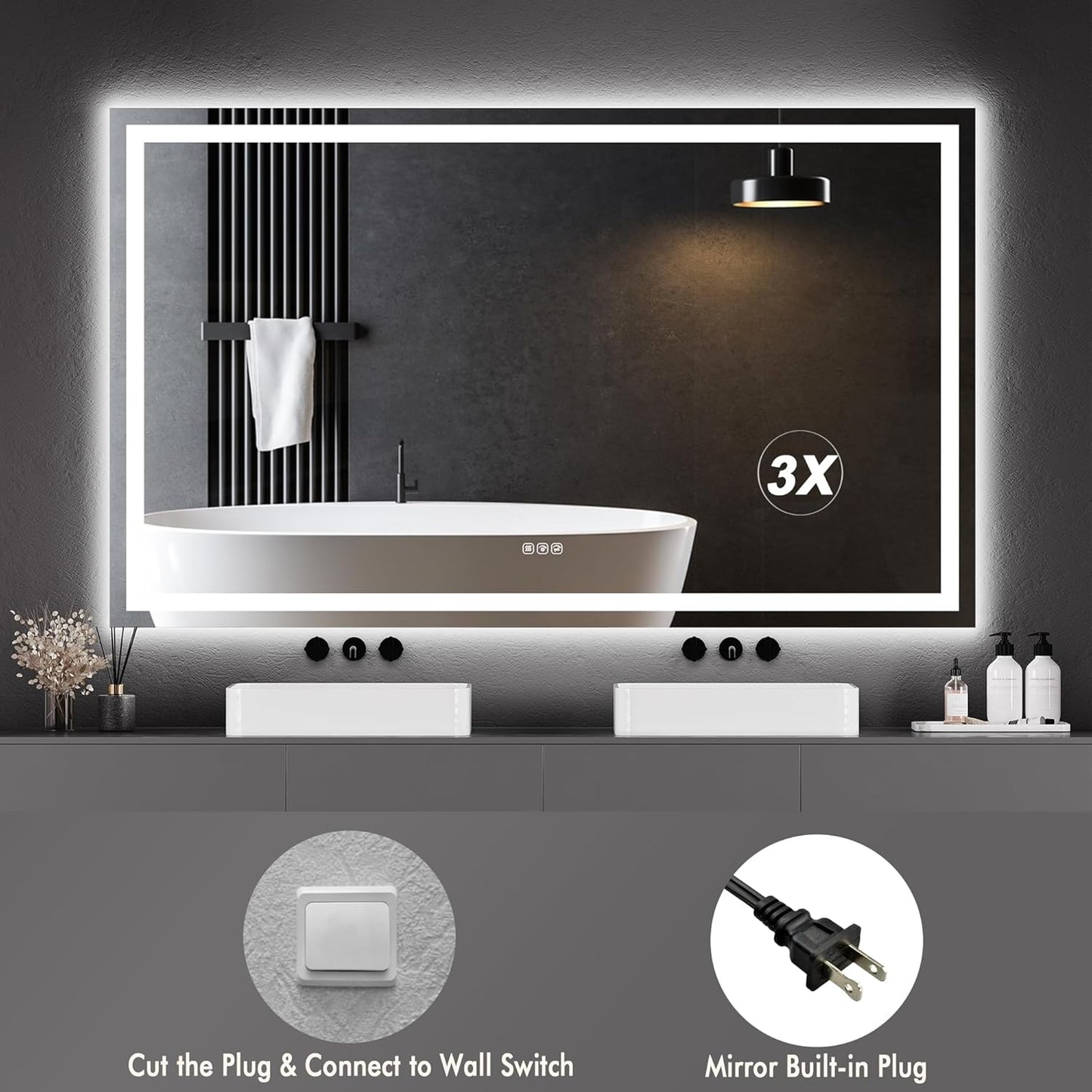 Smart LED Bathroom Mirror - Dimmable Anti-Fog Backlit Vanity Mirror with Touch Control