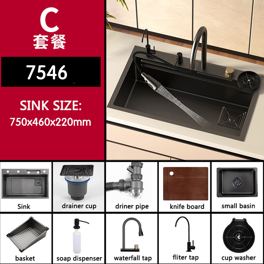 Multifunctional Topmount Kitchen Sink with Waterfall Faucet Cup Washer
