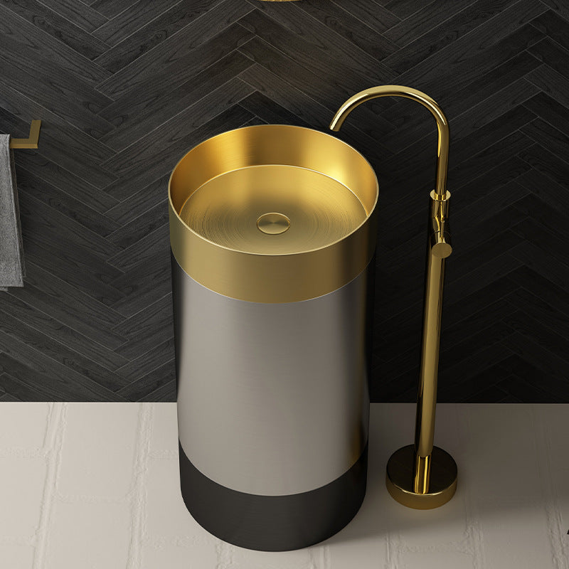 Premium SUS304 Stainless Steel Round Pedestal Bathroom Sink - Modern Freestanding Design