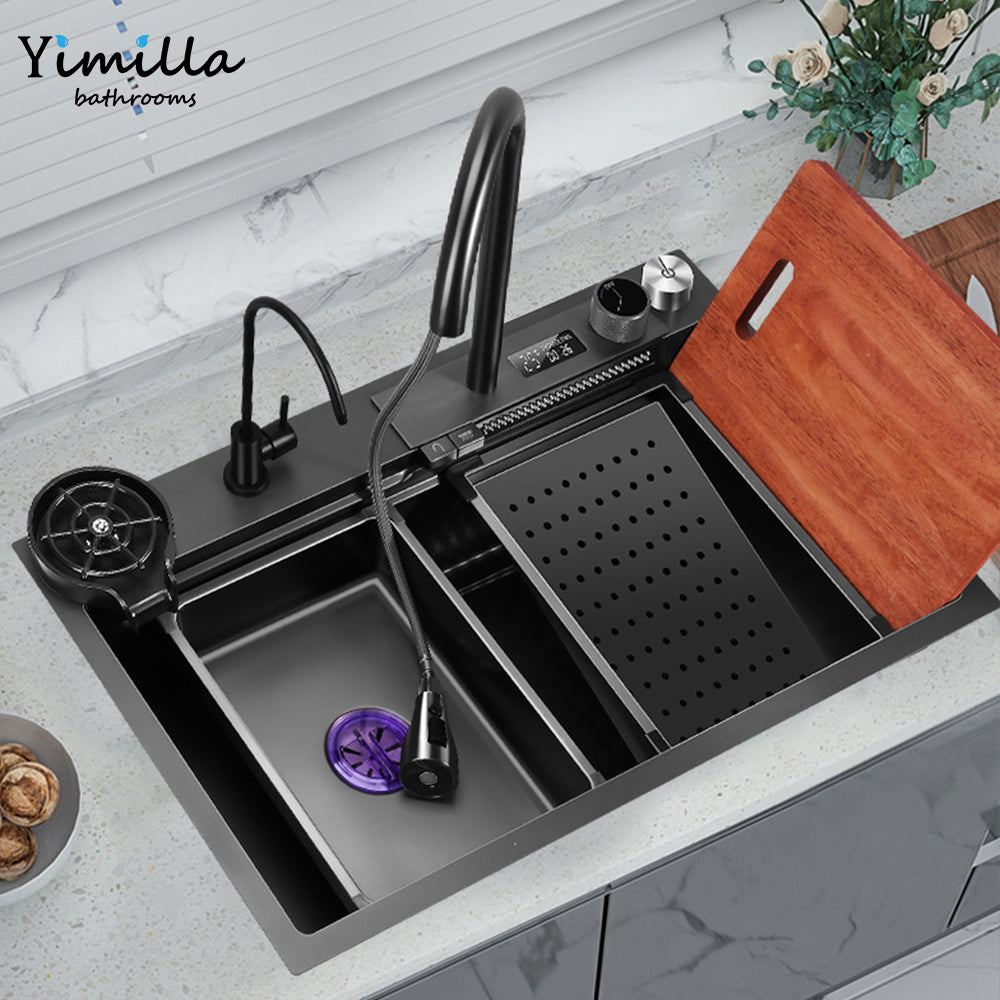 Nano-black stainless steel handmade kitchen sink- digital display kitchen faucet