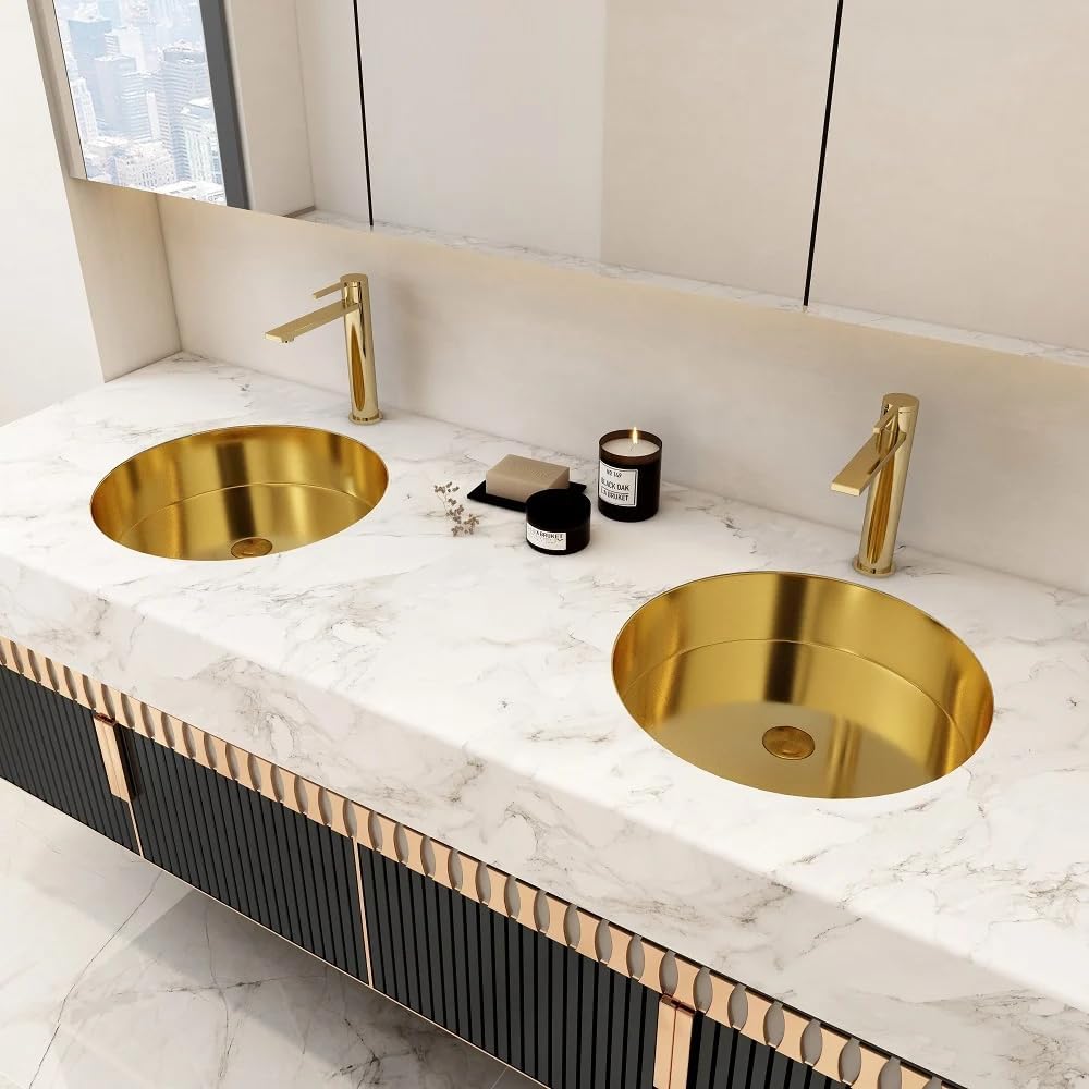 Brushed Gold Round Undermount Bathroom Sink - Modern Luxury Stainless Steel Basin