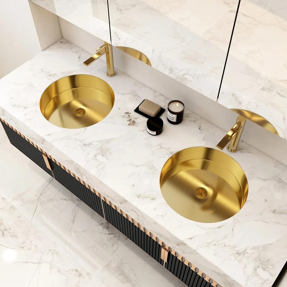 Brushed Gold Round Undermount Bathroom Sink - Modern Luxury Stainless Steel Basin