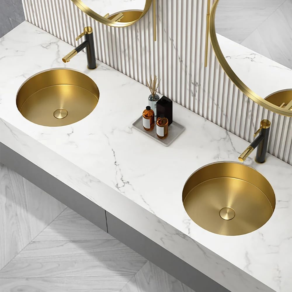 Brushed Gold Round Undermount Bathroom Sink - Modern Luxury Stainless Steel Basin