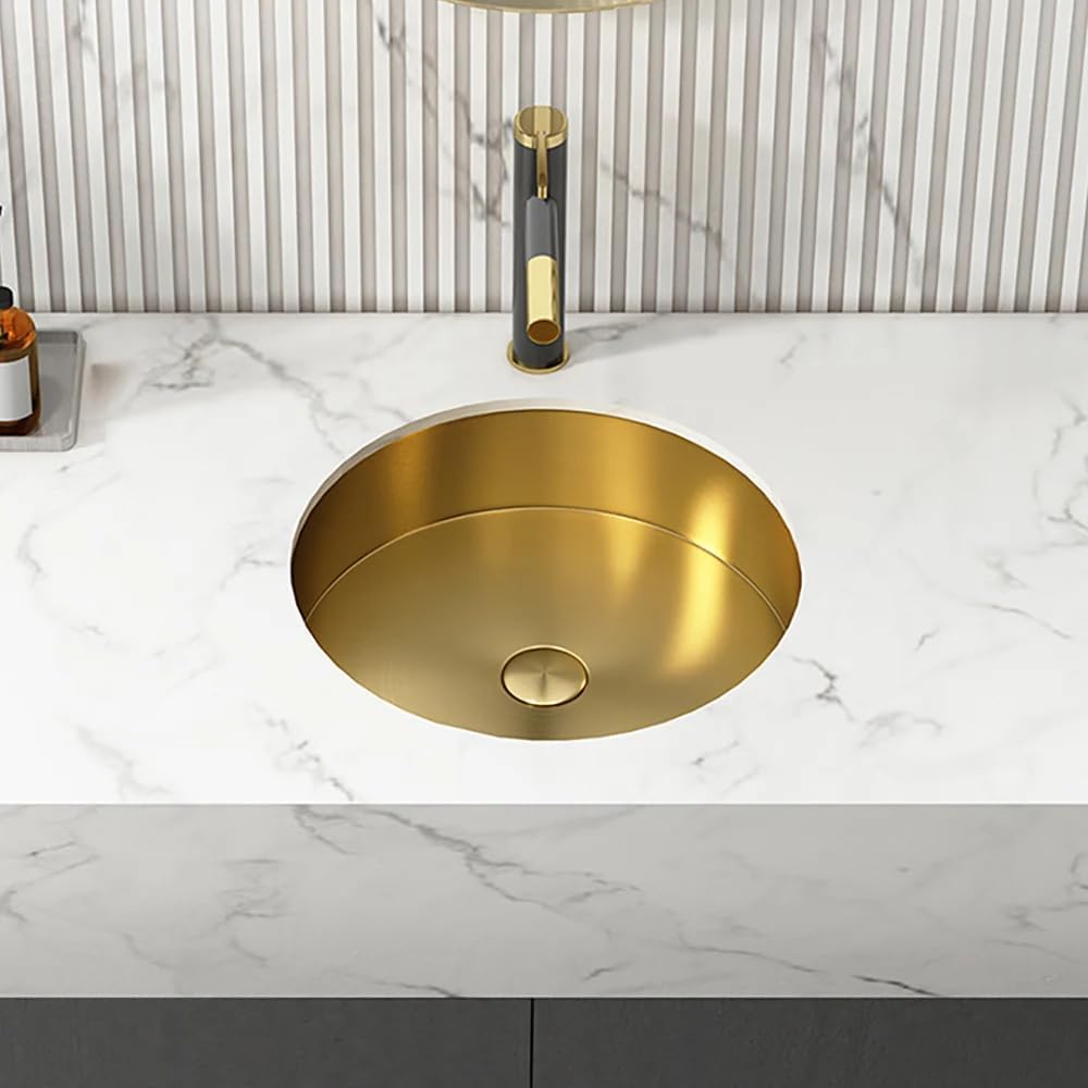 Brushed Gold Round Undermount Bathroom Sink - Modern Luxury Stainless Steel Basin